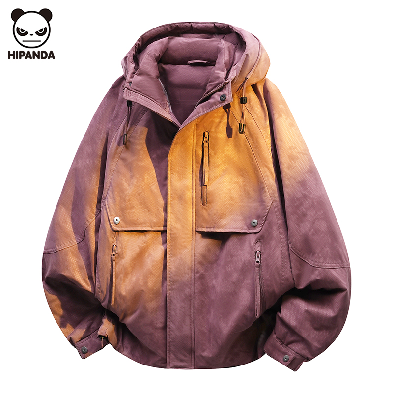 Hi Panda潮牌扎染连帽工装羽绒服男冬季新款时尚宽松加厚保暖外套
