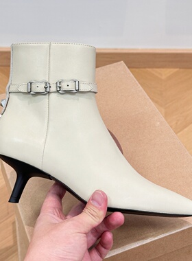 ASH女鞋秋冬尖头细跟真皮金属方扣侧拉链气质时装短靴AO320L02065