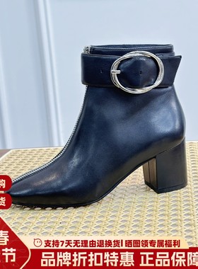 WHAT FOR 法式圆头粗跟短靴女羊皮时尚前拉链马丁靴女靴WFP318110