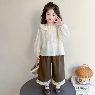 女童娃娃领蕾丝衬衫套装春季2026新款宝宝韩版时髦儿童春装两件套