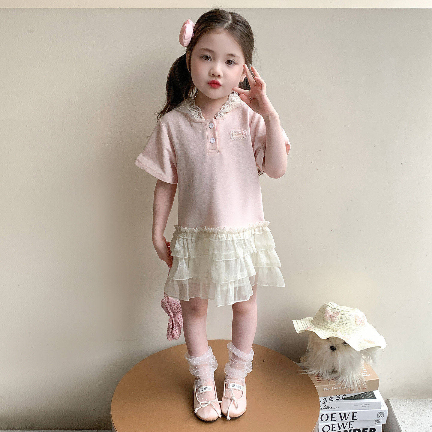 女童夏装连衣裙2026新款儿童短袖polo裙女宝宝夏季蕾丝连帽蛋糕裙