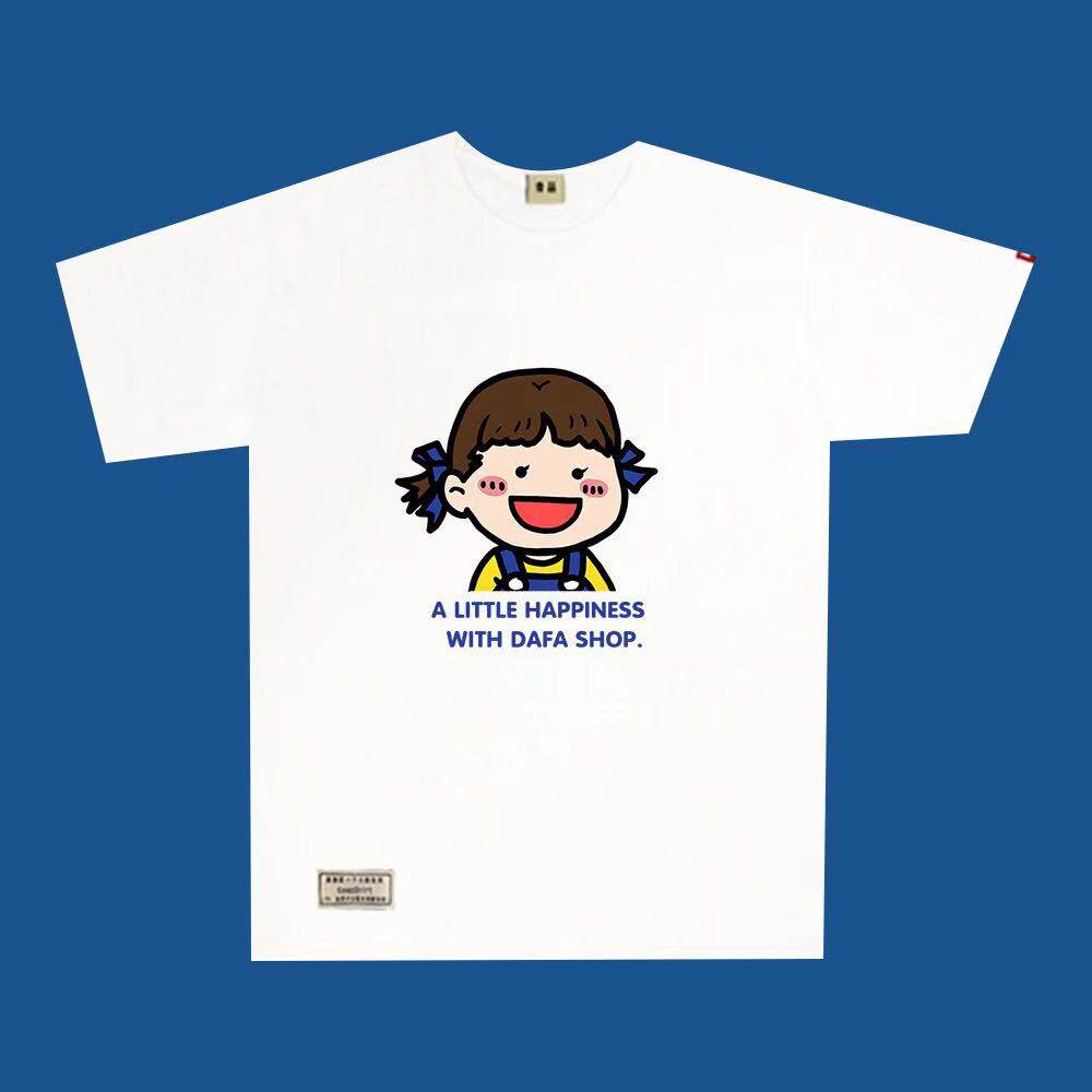 大發原创设计可爱卡通国潮豆豆眼不二家情侣男女热转印纯棉t恤白