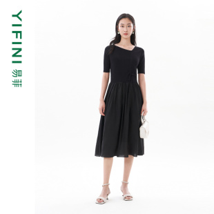 Yifini 易菲斜方领收腰拼接显瘦中长款 连衣裙夏装 专柜同款