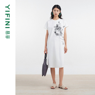 易菲艺术印花简约圆领直筒针织连衣裙D04Y1019 Yifini 专柜同款