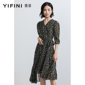Yifini 易菲碎花连衣裙春秋茶歇裙不规则下摆V领气质显瘦裙子新款