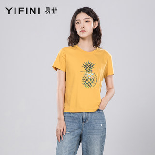 Yifini/易菲纯棉短袖薄款女装白色别致t恤女宽松上衣夏装新款