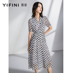 Yifini/易菲波点印花翻领短袖高腰连衣裙女夏新款宽松雪纺裙