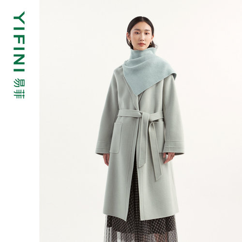 易菲100%绵羊毛系带双面呢大衣