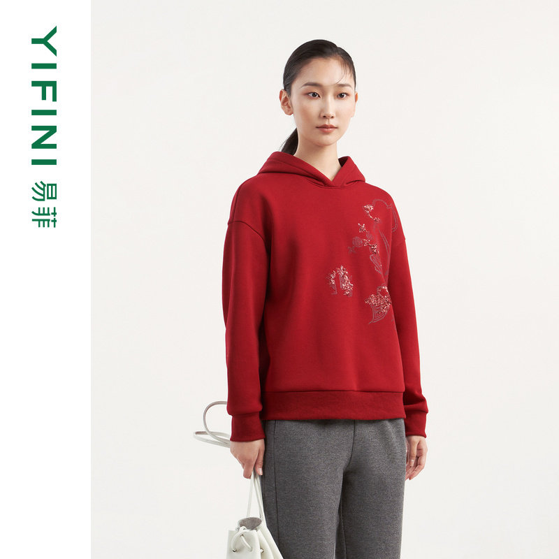 [专柜同款]Yifini/易菲本命年时尚抓绒保暖连帽钉珠宽松百搭卫衣,女装/女士精品,卫衣/绒衫,淘宝优惠券,粉丝福利购,淘宝优惠卷