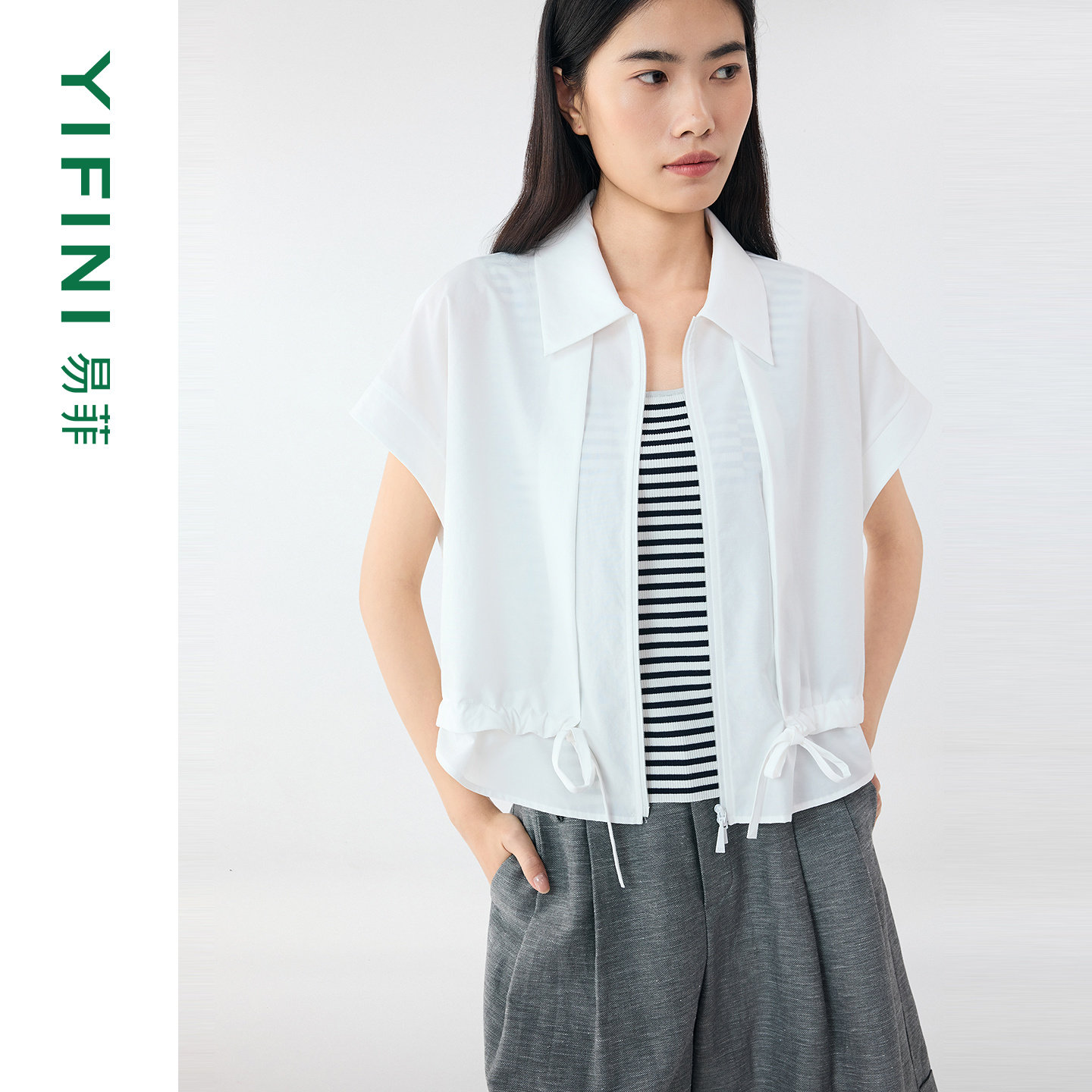 [专柜同款]Yifini/易菲假两件截短款设计感宽松外套女小衫26夏新