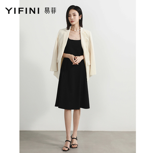 Yifini/易菲黑色背带无袖复古简约中长款连衣裙女2023夏季新款