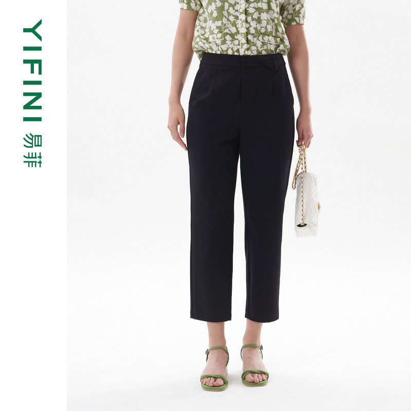 [商场同款]yifini/易菲黑色通勤简约休闲裤女2024夏新锥型九分裤