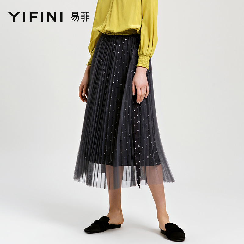 需要用券Yifini/易菲2019秋新款缎面网纱波点半身裙中长款双层百褶裙纱裙