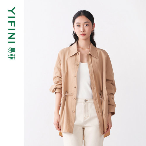 易菲衬衫式翻领系带收腰风衣外套