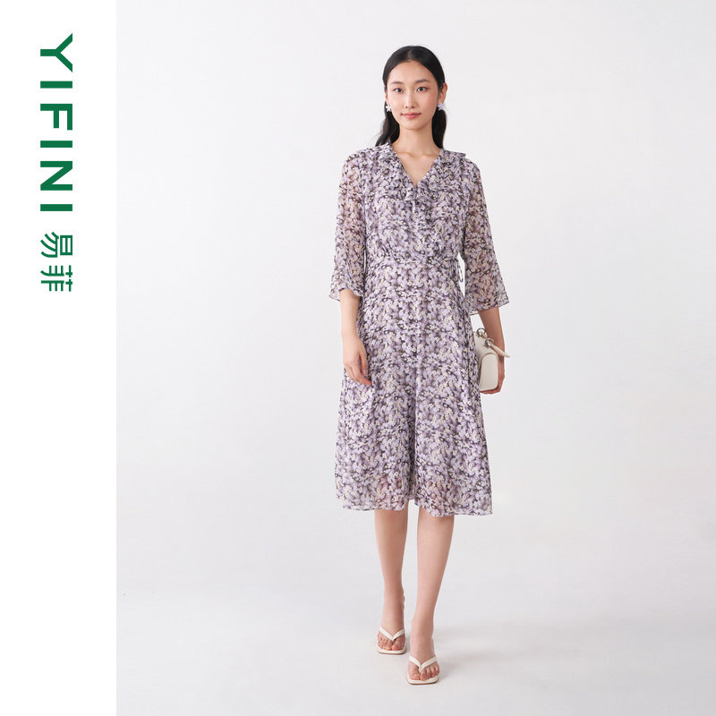 [专柜同款]Yifini/易菲碎花印花V领收腰七分袖雪纺裙气质连衣裙女,女装/女士精品,连衣裙,淘宝优惠券,粉丝福利购,淘宝优惠卷