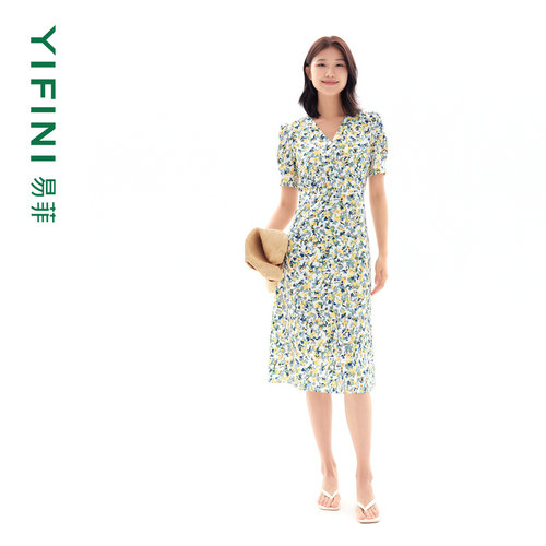 易菲碎花法式V领气质连衣裙
