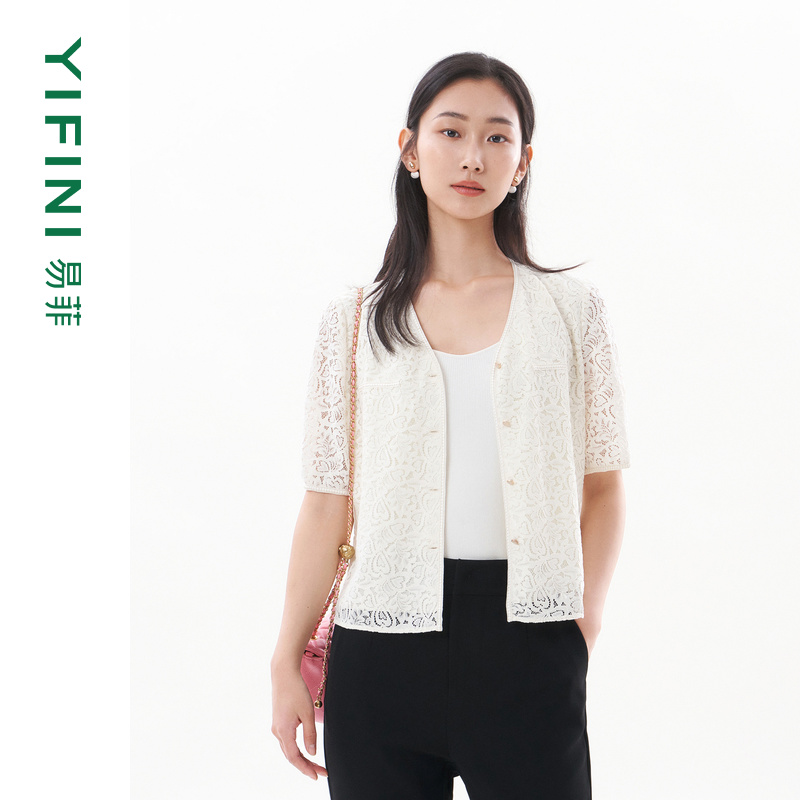 [商场同款]Yifini/易菲提花蕾丝镂空V领衬衫外套女宽松短款小衫