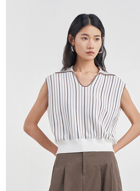 [专柜同款]Yifini/易菲时尚U领宽松条纹短款针织毛衫女夏D04M1014