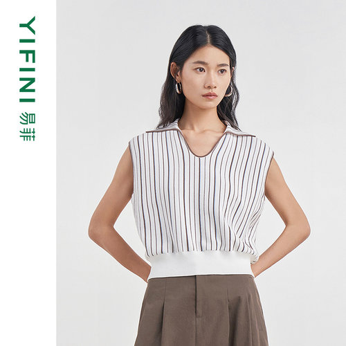易菲时尚U领宽松条纹短款针织衫
