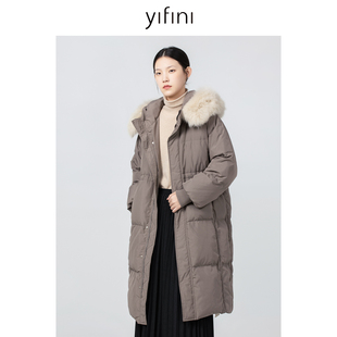 Yifini/易菲高领连帽狐狸毛白鹅绒中长款保暖羽绒服冬季新款
