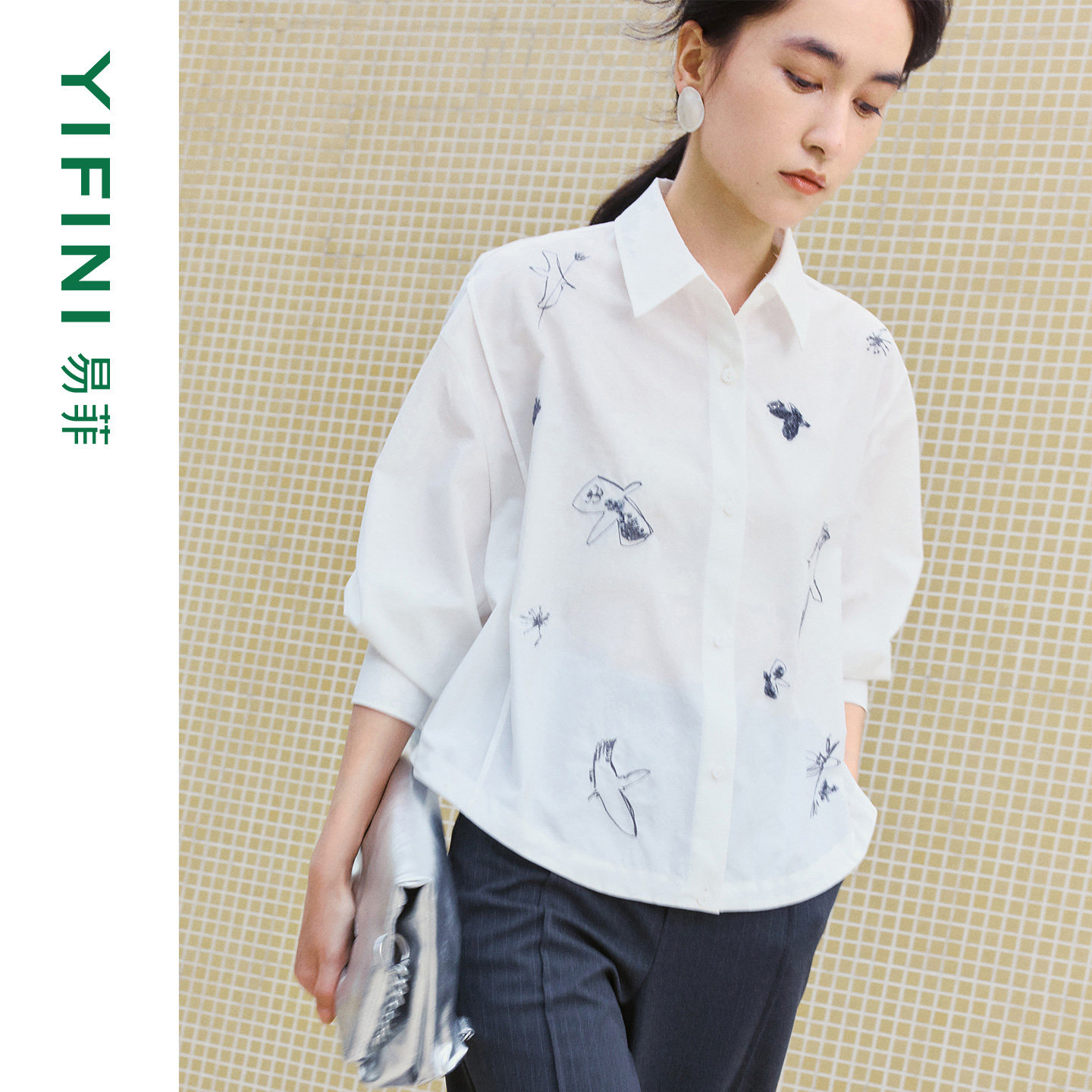[专柜同款]Yifini/易菲刺绣珠片薄款初秋宽松外套短款长袖衬衫女