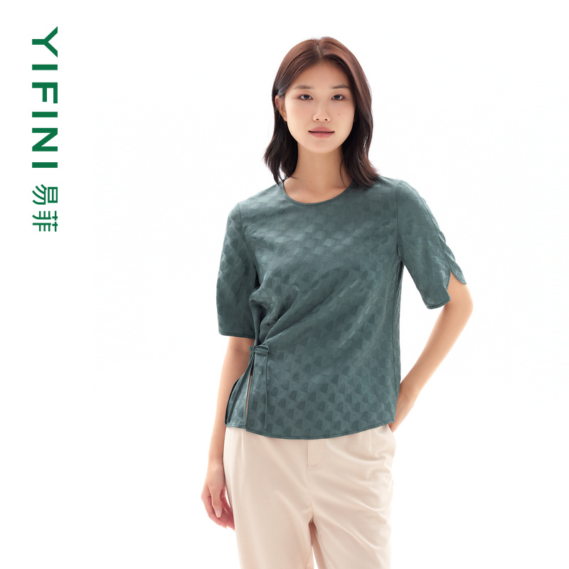 Yifini/易菲新中式醋酸提花凉感绑带收腰通勤宽松短款小衫衬衫女