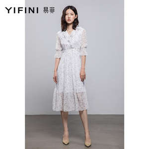 Yifini/易菲法式气质波点白色连衣裙收腰中长款裙女夏装新款