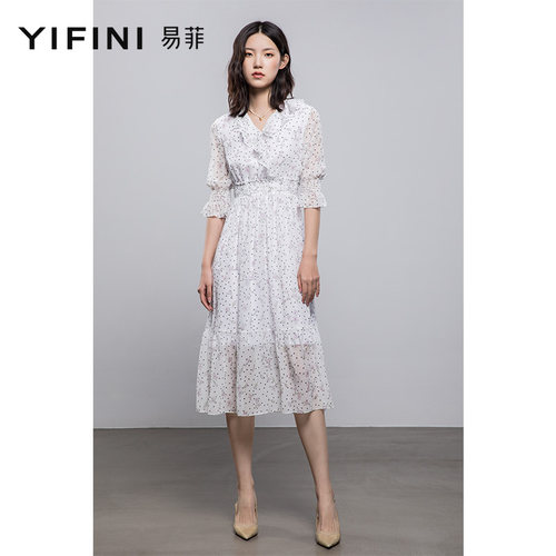 易菲法式气质波点白色连衣裙
