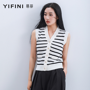 纯棉针织马夹短款 Yifini 新款 易菲宽松无袖 外套 条纹马甲女夏装