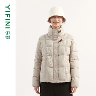 [专柜同款]Yifini/易菲布面纹理高立领宽松短款羽绒服复古外套女