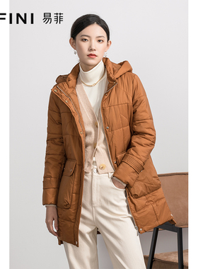 Yifini/易菲宽松时尚中长款紫色棉衣秋冬新款保暖大口袋棉服