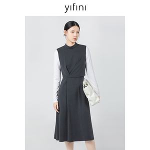 Yifini/易菲无袖高腰气质连衣裙女春秋新款高级感中长款裙子