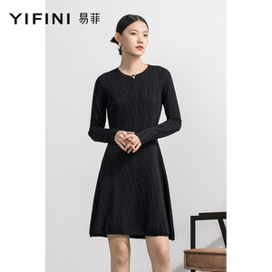 Yifini/易菲修身显瘦高腰针织连衣裙女春秋新款长袖圆领裙子