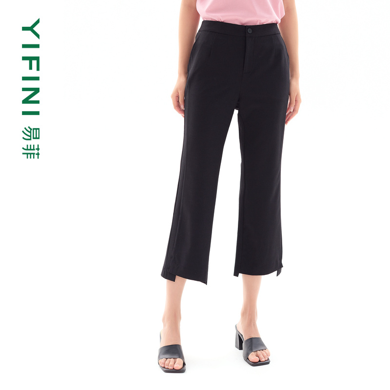 [专柜同款]Yifini/易菲黑色简约通勤休闲裤女夏装新款微喇八分裤
