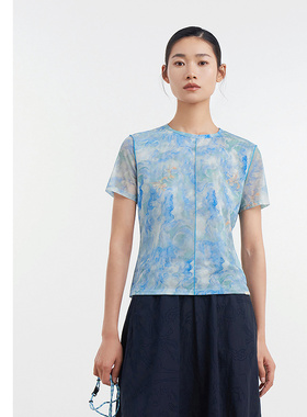 [专柜同款]Yifini/易菲数码印花短袖修身短款百搭网布T恤D04Z1202