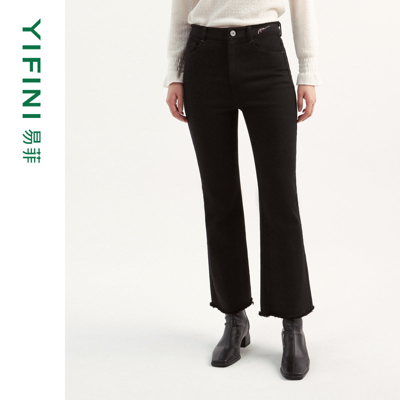 [专柜同款]Yifini/易菲黑色显瘦通勤抓绒微喇裤九分保暖牛仔裤女