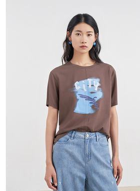 [专柜同款]Yifini/易菲圆领印花短袖宽松百搭T恤女上衣D04Z1031