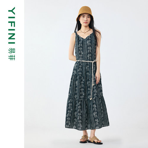 易菲天丝亚麻混纺气质吊带连衣裙