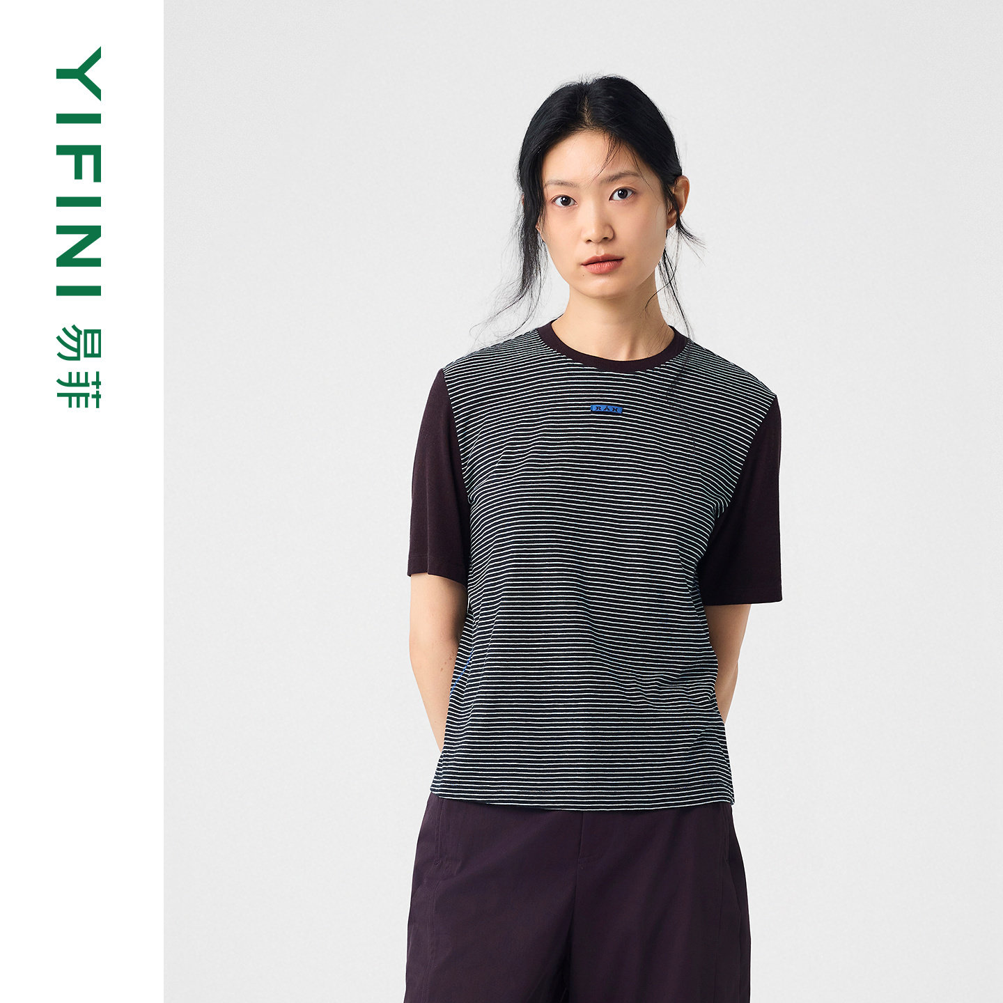 易菲黑白条拼接撞色短袖百搭T恤图片