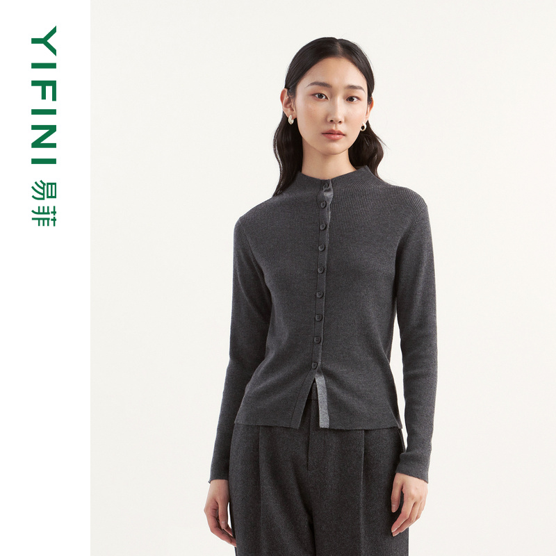 易菲半开领假开襟针织毛衫打底衫