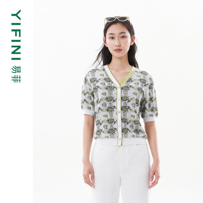 易菲V领提花短袖针织毛衫