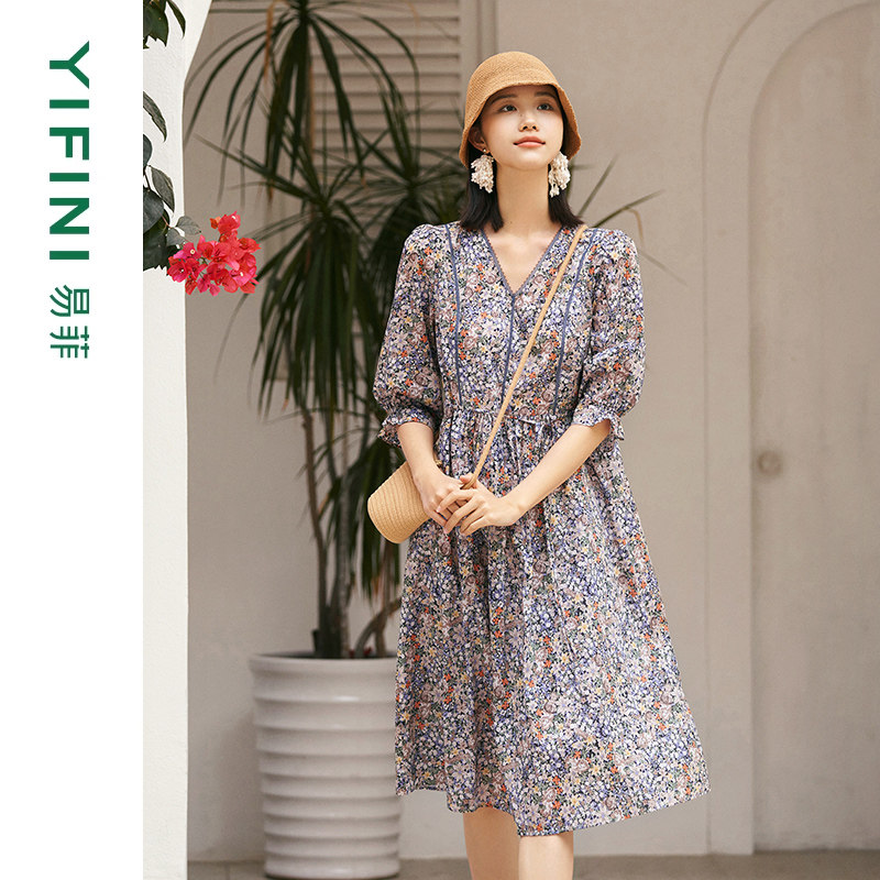 [专柜同款]Yifini/易菲 100支新疆长绒棉 法式V领文艺印花连衣裙