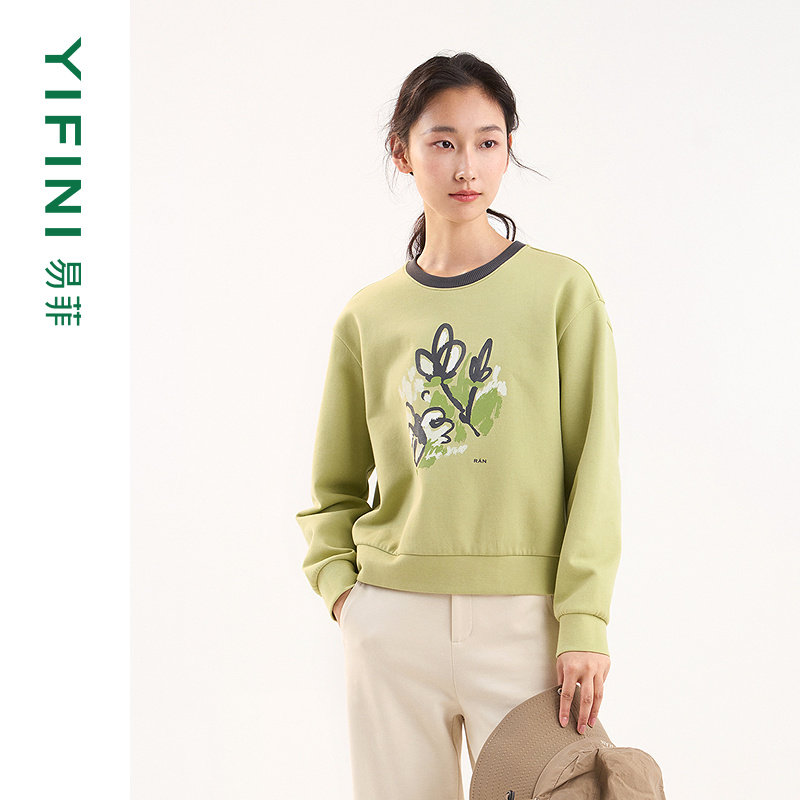 [专柜同款]Yifini/易菲印花圆领套头衫空气层宽松短款卫衣女春