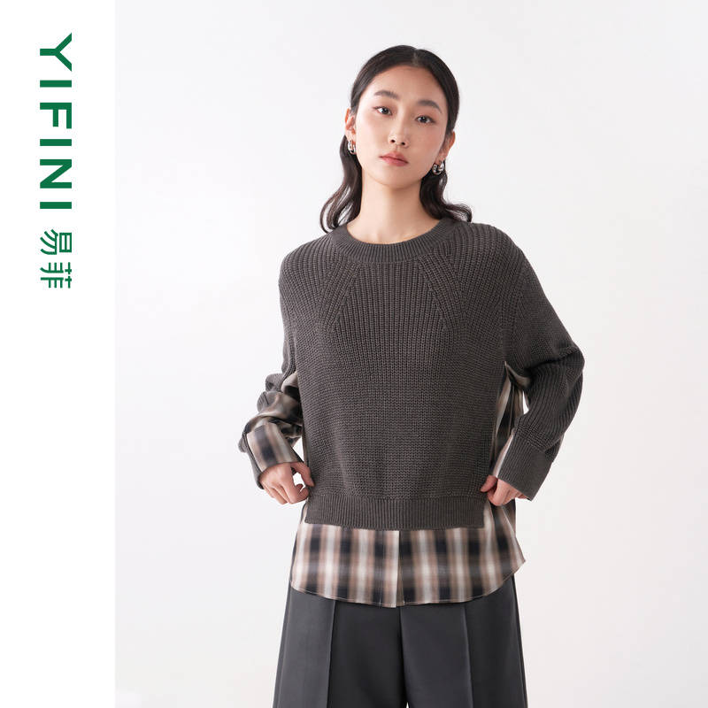 易菲假两件针织拼接衬衫上衣毛衫