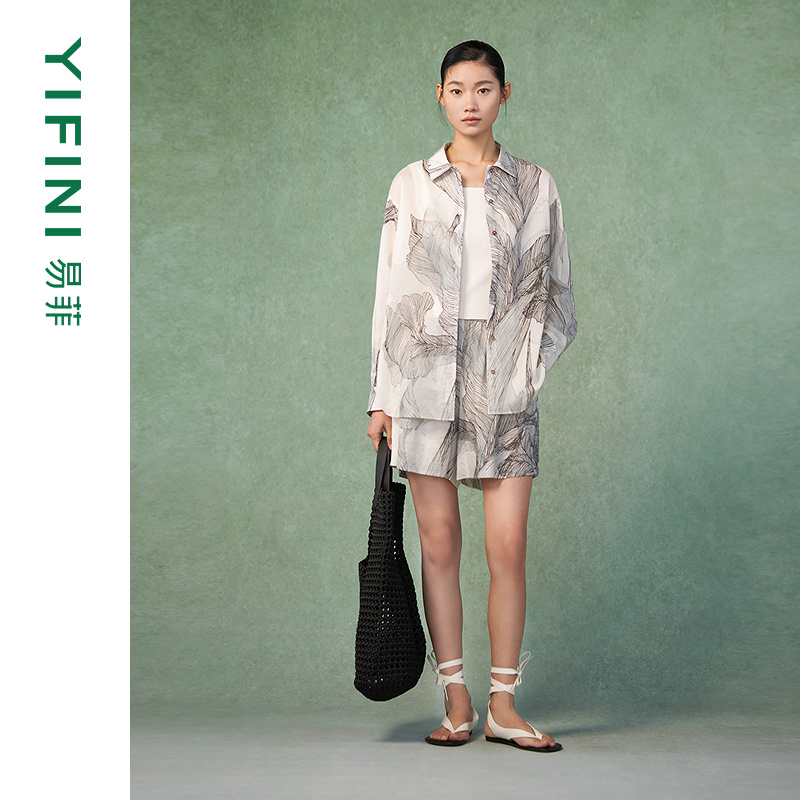 易菲时尚印花衬衫短裤两件套装