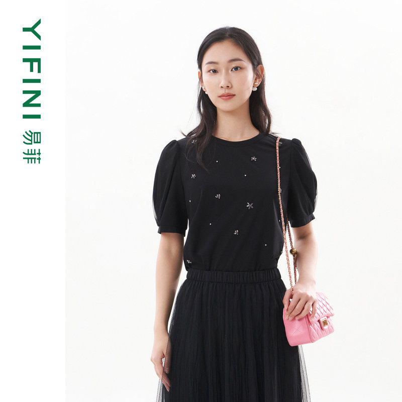 [专柜同款]Yifini/易菲网纱拼接泡泡袖宽松短款时尚T恤女夏季新款,女装/女士精品,T恤,淘宝优惠券,粉丝福利购,淘宝优惠卷