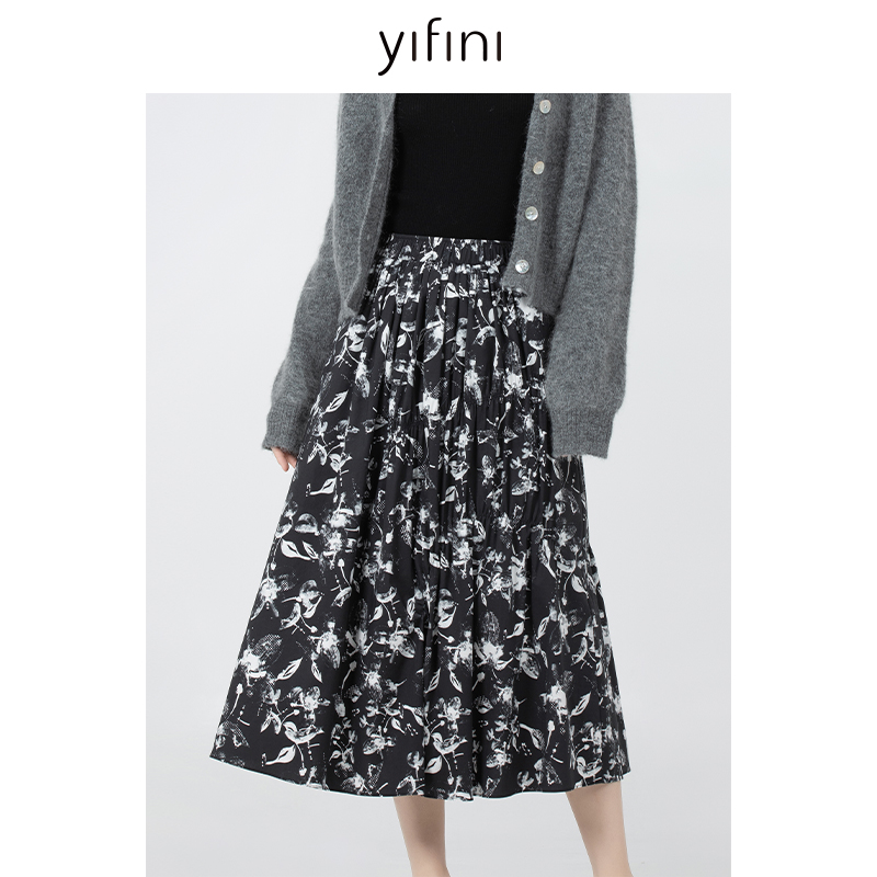 Yifini/易菲中国风水墨印花半身裙女春秋新款中长款A字裙国潮