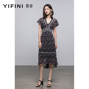 Yifini/易菲法式浪漫碎花连衣裙女夏季新款短袖深V领复古长裙