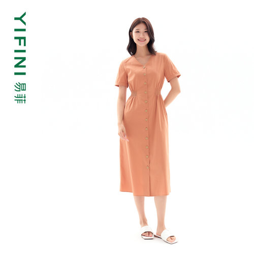 易菲气质收腰优雅通勤V领连衣裙
