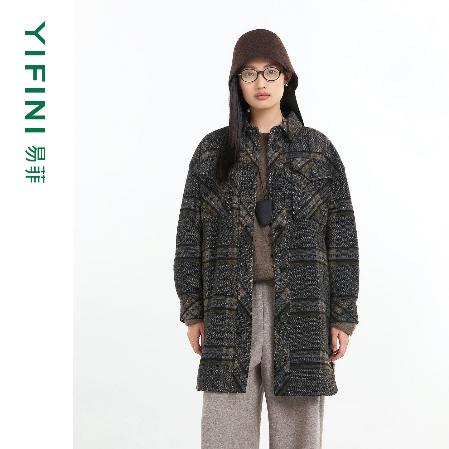 [专柜同款]Yifini/易菲复古时尚格纹呢子大衣女宽松中长款外套冬,女装/女士精品,毛呢外套,淘宝优惠券,粉丝福利购,淘宝优惠卷